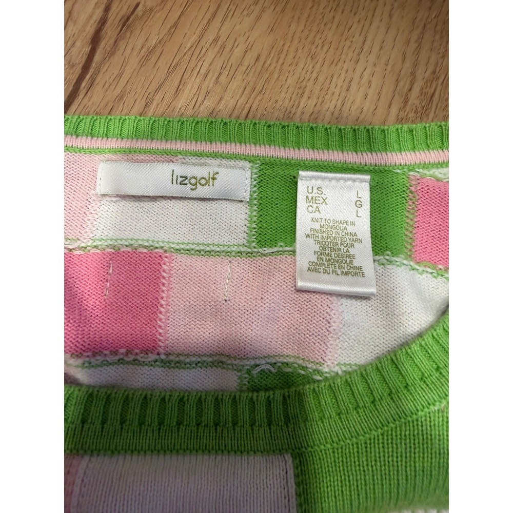Lizgolf Liz Claiborne Vtg 80s PREPPY Pink Green Checkered Knit Sweater Large